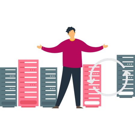 El chico muestra diferentes servidores de bases de datos.  Ilustración