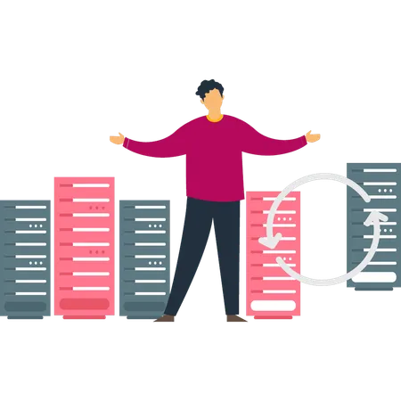 El chico muestra diferentes servidores de bases de datos.  Ilustración