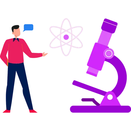 El chico está mostrando el microscopio.  Ilustración