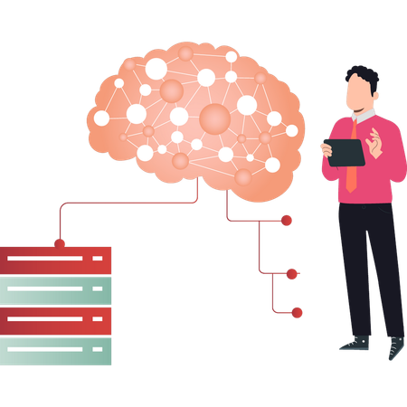 El niño muestra la conexión cerebral artificial.  Ilustración