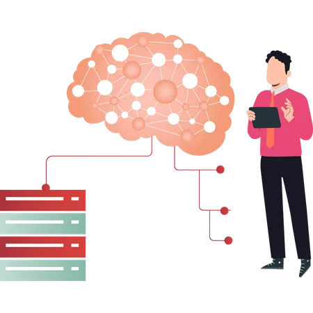 El niño muestra la conexión cerebral artificial.  Ilustración