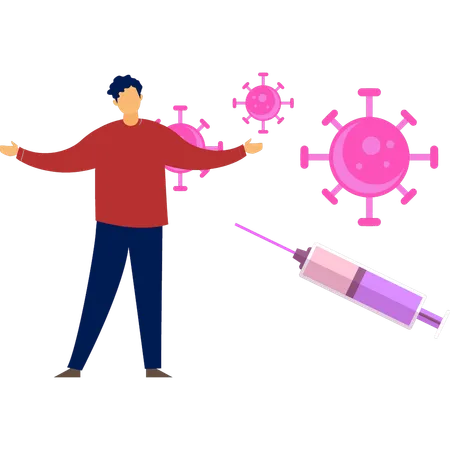 El niño muestra la medicina para el virus.  Ilustración