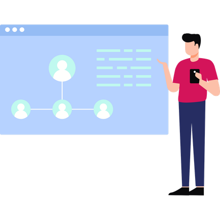 El chico muestra la red de usuarios en la página web.  Ilustración
