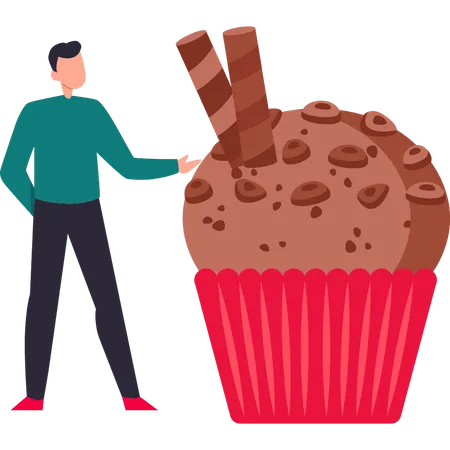 El chico muestra un muffin de chocolate.  Ilustración