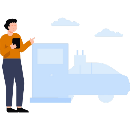 El niño está parado en la estación de combustible.  Ilustración