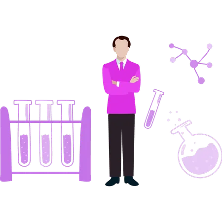 El niño está parado en el laboratorio.  Ilustración