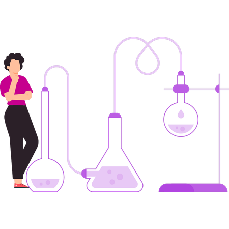 El niño está pensando en un experimento en un laboratorio.  Ilustración