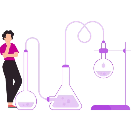 El niño está pensando en un experimento en un laboratorio.  Ilustración