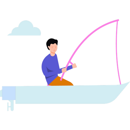 El niño está pescando en un barco.  Ilustración