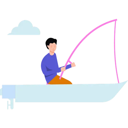 El niño está pescando en un barco.  Ilustración