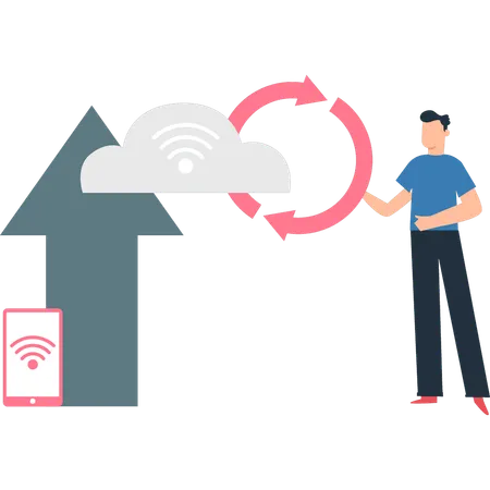 El chico está recargando los datos de la nube.  Ilustración