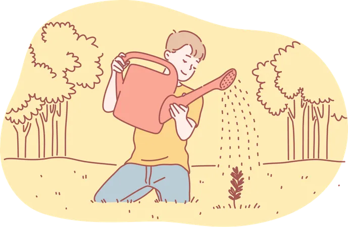 El niño está regando la planta.  Ilustración