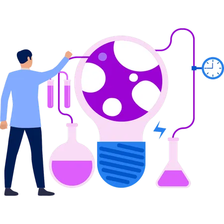 El niño señala el experimento en el laboratorio.  Ilustración