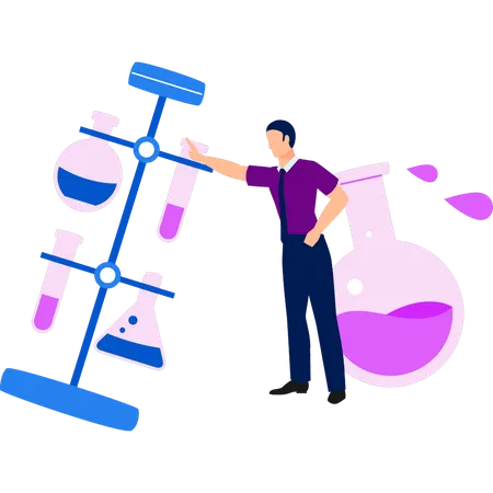 El niño señala el puesto de experimentos.  Ilustración