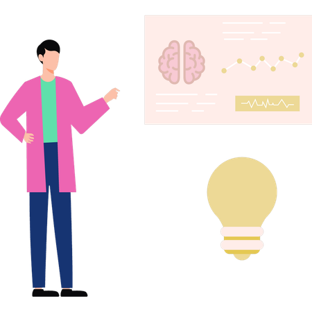 El niño señala la estructura del cerebro.  Ilustración