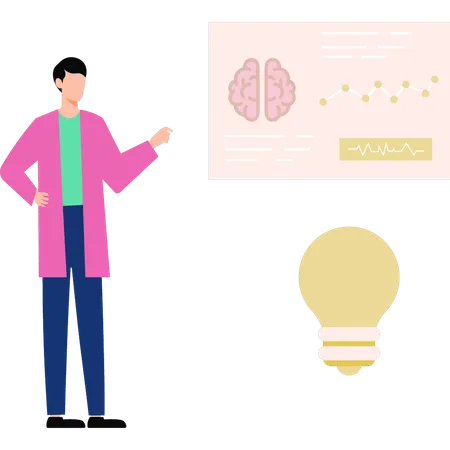 El niño señala la estructura del cerebro.  Ilustración