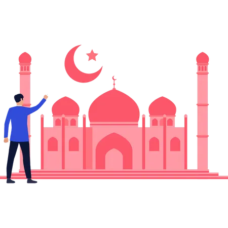 El niño señala la media luna sobre la mezquita.  Ilustración