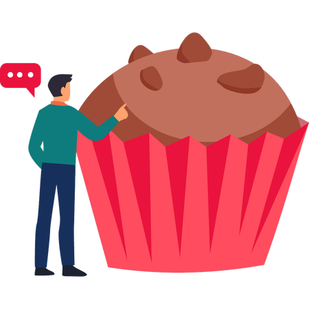 El chico apunta a un cupcake de chocolate con envoltorio rojo  Ilustración