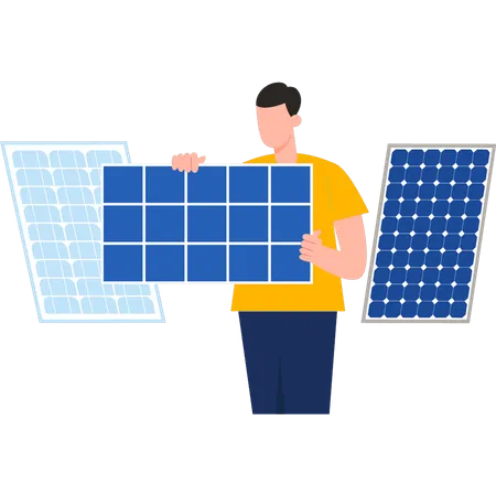 El niño sostiene el panel solar.  Ilustración