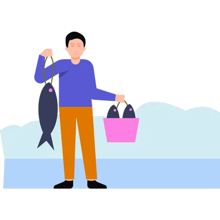 El niño sostiene un cubo de pescado.  Ilustración
