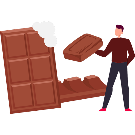 El niño sostiene un trozo de chocolate.  Ilustración
