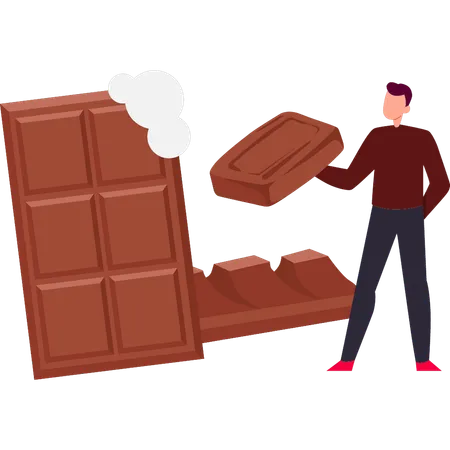 El niño sostiene un trozo de chocolate.  Ilustración