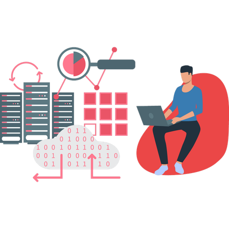 El niño está trabajando en codificación en la nube en una computadora portátil  Ilustración