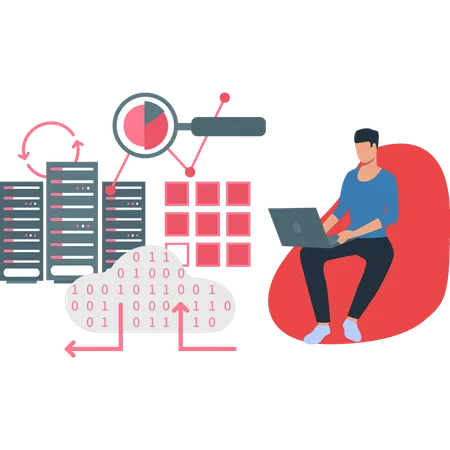 El niño está trabajando en codificación en la nube en una computadora portátil  Ilustración