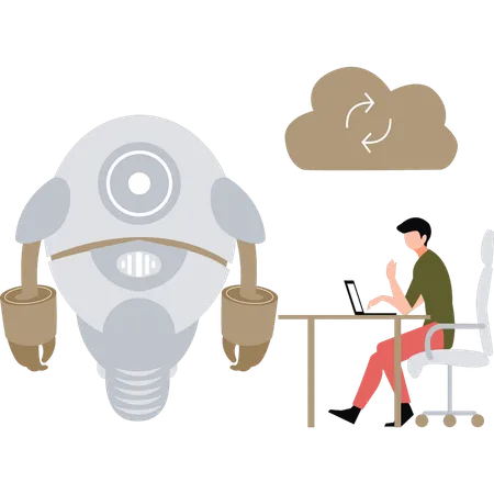 El niño está trabajando en datos de la nube en un robot.  Illustration