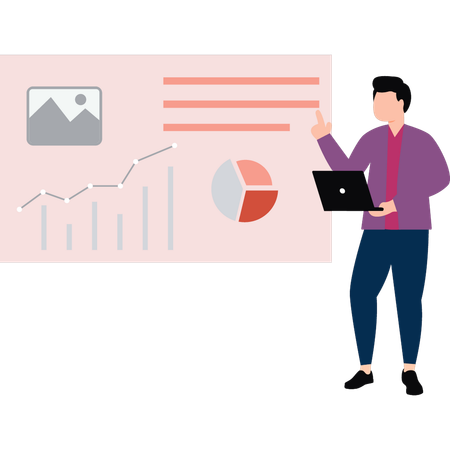 El chico está trabajando en datos gráficos en una computadora portátil.  Ilustración