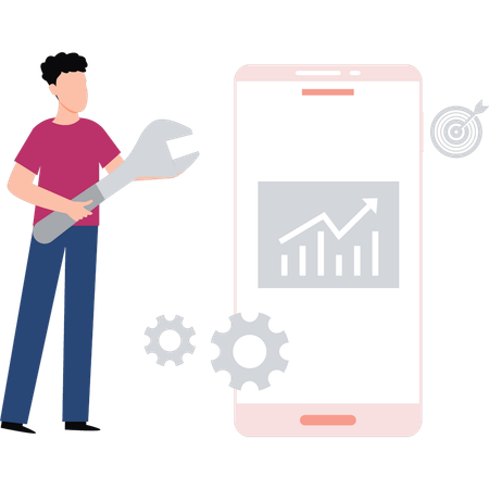 El chico está trabajando en la configuración del gráfico.  Illustration