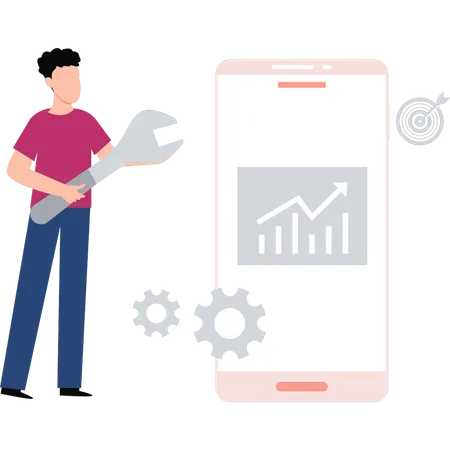 El chico está trabajando en la configuración del gráfico.  Illustration