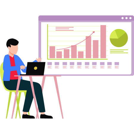 El niño está trabajando en un gráfico de barras en una computadora portátil  Ilustración