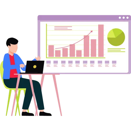 El niño está trabajando en un gráfico de barras en una computadora portátil  Ilustración