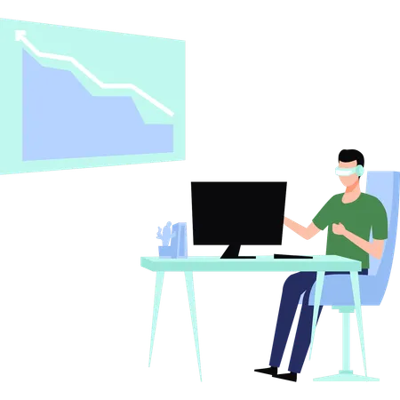 El niño está trabajando en un monitor con gafas VR  Ilustración