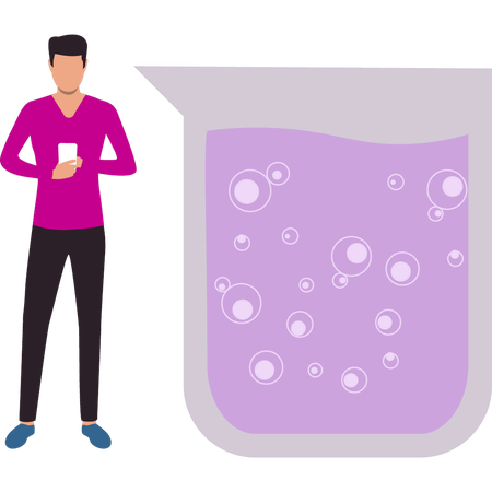 El niño está usando el teléfono móvil para estudiar química  Ilustración