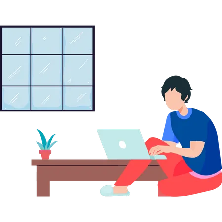 El chico está usando una computadora portátil  Ilustración