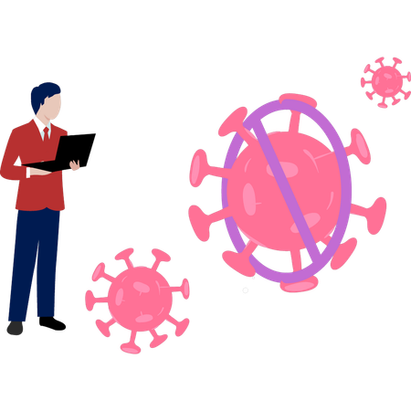 El niño está usando una computadora portátil para bloquear un virus.  Ilustración