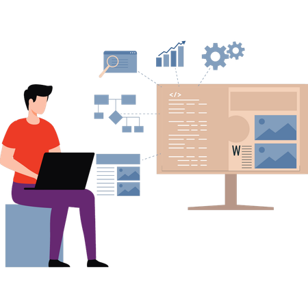 El niño está usando una computadora portátil para codificar  Ilustración