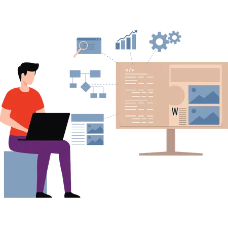 El niño está usando una computadora portátil para codificar  Ilustración