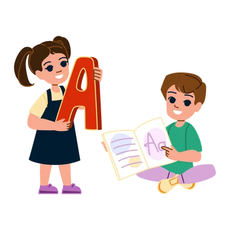 Los niños están aprendiendo el lenguaje ABC.  Ilustración