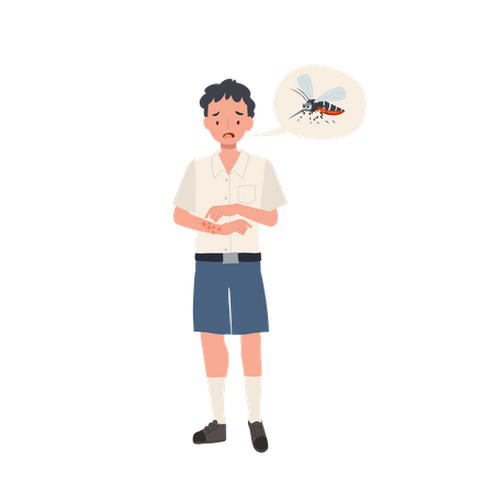 Estudiante con picaduras de mosquitos rascándose la piel con picazón en verano  Ilustración