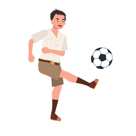 Niño estudiante jugando al fútbol después de la escuela  Ilustración