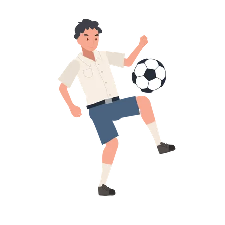 Niño estudiante jugando al fútbol después de la escuela  Ilustración
