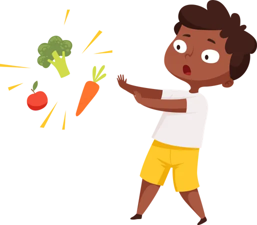 Niño evitando verduras saludables  Ilustración