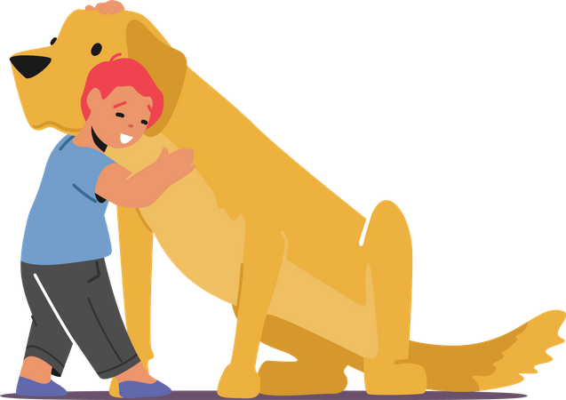 Niño feliz abrazando a un perro grande y esponjoso  Ilustración