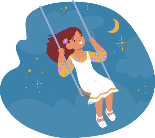 Niño feliz balanceándose bajo el cielo estrellado  Ilustración