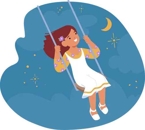 Niño feliz balanceándose bajo el cielo estrellado  Ilustración