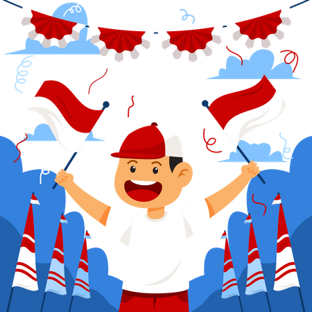 Niño feliz celebrando el día de la independencia de Indonesia ondeando la bandera  Ilustración