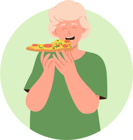 Niño feliz comiendo una porción de pizza  Ilustración